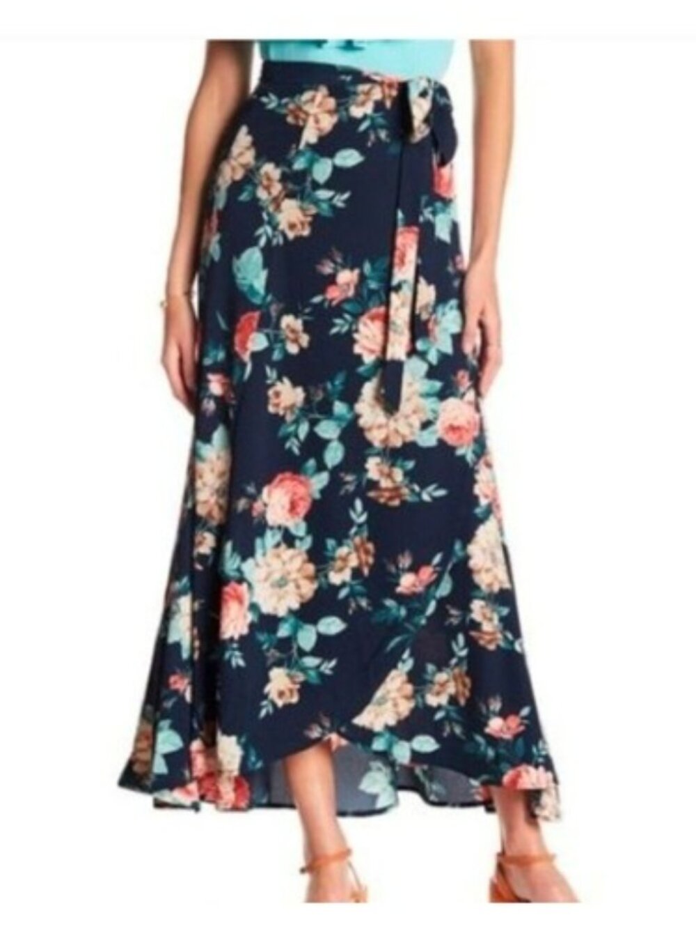 Bobeau Women's Maxi Wrap Skirt Size Small Blue Floral Boho Flowy Romantic NEW